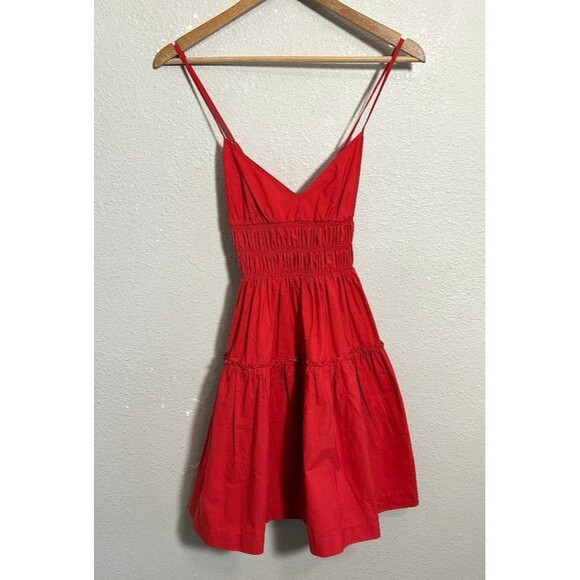 Three Graces London Mia Poplin Mini Dress 12 US 8 Red 100% Cotton Smocked - Picture 2 of 8
